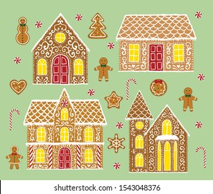 Christmas gingerbread set with gingerbread houses on green background