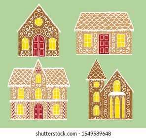 Christmas gingerbread set with gingerbread houses on green background