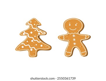 Christmas gingerbread set. Gingerbread man, New Year tree. Traditional Christmas pastries with icing design. Homemade cookies, winter holiday dessert.