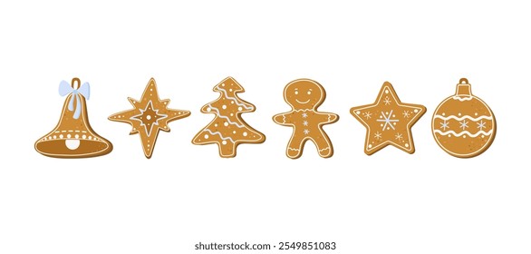 Christmas gingerbread set. Gingerbread man, stars, tree, New Year's ball, bell. Traditional Christmas baking with icing pattern. Homemade cookies, winter holiday dessert.