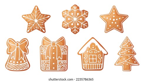 Christmas gingerbread set: snowflakes, house, gift, bell, Christmas tree. Vector illustration of holiday cookies.