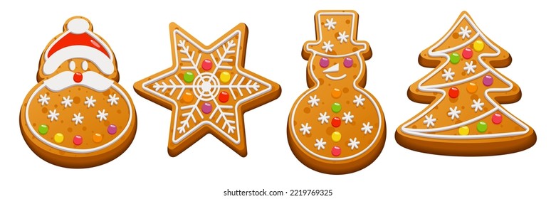 Christmas gingerbread set. Sweet homemade winter cookies. Gingerbread cookies with sugar icing and marmalade on a white background. Vector illustration.