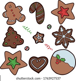 Christmas gingerbread set vector illustration. Colored noel bakery cookies with glaze decor - snowman, stars, heart and lollipop hard candy.