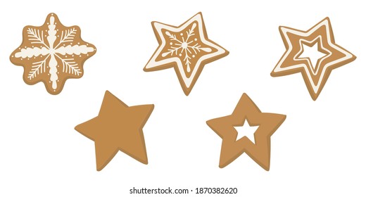 Christmas gingerbread set. Xmas cookies in the shape of star and snowflake. Vector illustration.