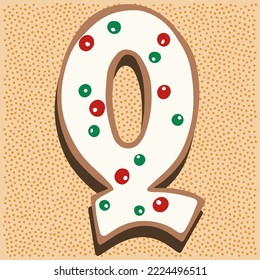 Christmas gingerbread in the shape of a letter Q with white icing doodle