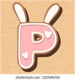 Christmas gingerbread in the shape of the letter with rabbit ears, white pink glaze, hearts