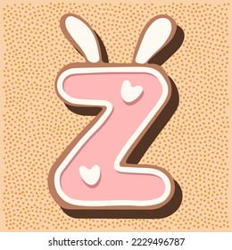 Christmas gingerbread in the shape of the letter with rabbit ears, white pink glaze, hearts