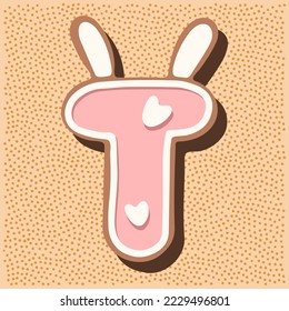 Christmas gingerbread in the shape of the letter with rabbit ears, white pink glaze, hearts