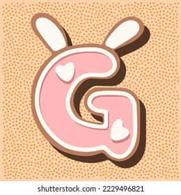 Christmas gingerbread in the shape of the letter with rabbit ears, white pink glaze, hearts