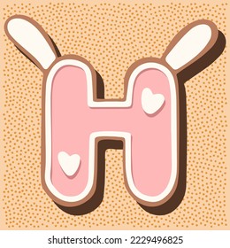 Christmas gingerbread in the shape of the letter with rabbit ears, white pink glaze, hearts