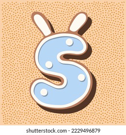 Pan de jengibre de Navidad en forma de letra con orejas de conejo, acristalamiento azul blanco, puntos de polka