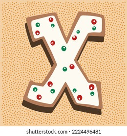 Christmas gingerbread in the shape of a letter X with white icing doodle
