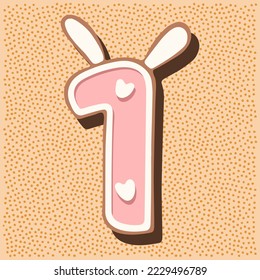 Christmas gingerbread in the shape of a number with rabbit ears, icing white pink, hearts