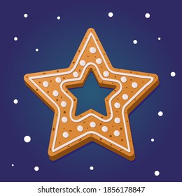 Christmas gingerbread in the shape of a star on a blue background. Traditional pastries for Christmas and New year.