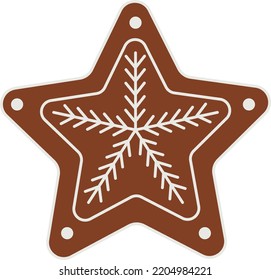 Pan de jengibre de Navidad en forma de estrella con copo de nieve aislado en fondo blanco. galleta casera. Ilustración del vector