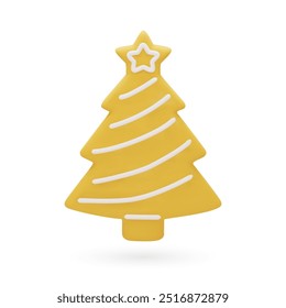 Christmas gingerbread in the shape of Christmas tree with star. Cookie covered by icing-sugar. Traditional holiday food. 3D Vector illustration isolated on white background.