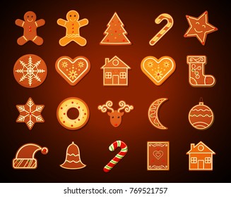 Christmas Gingerbread shortbread Cookies set on dark background