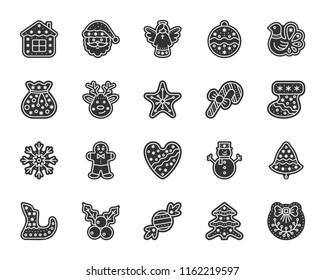 Christmas Gingerbread silhouette icons set. Sign kit of xmas cookie. Sweet food pictogram collection includes. Simple christmas gingerbread black symbol isolated on white. Vector Icon shape for stamp