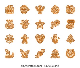 Christmas Gingerbread silhouette icons set. Isolated sign kit of xmas cookie. Sweet Food pictogram ginger biscuit, bell, deer. Simple christmas gingerbread contour symbol. Vector Icon shape for stamp