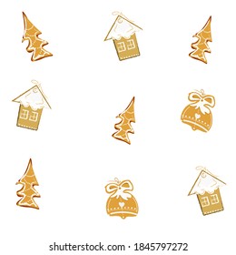 Christmas Gingerbread silhouette icons set. Sweet Food pictogram biscuit, bell, tree. Simple christmas gingerbread contour symbol. Vector Icon shape for stamp
