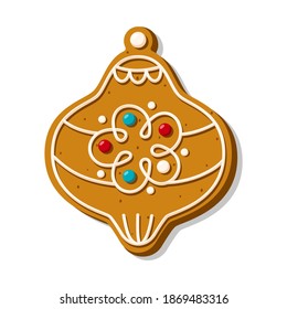 Christmas gingerbread snack, handmade cookie in tree toy shape with icing and candy cane. Vector illustration