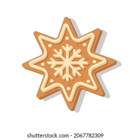 Christmas gingerbread snowflake. Sweet homemade glazed biscuit.
