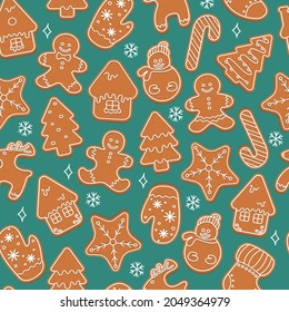 Christmas gingerbread with snowflakes on green background, vector seamless pattern