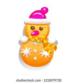 Christmas gingerbread snowman cookie isolated on white background. Traditional New Year treat. Symbol of winter holidays. Vector illustration
