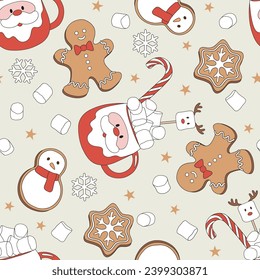 Christmas gingerbread snowman cookies Santa Claus mug with cocoa marshmallow vector seamless pattern. Xmas holiday festive season treats sweets snacks food background.