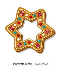 Christmas gingerbread star with colored candy canes isolated on white background. Homemade sweets. Vector illustration