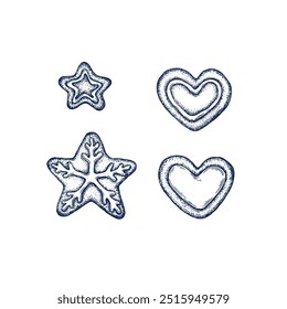 Christmas gingerbread star, heart shape cookie hand drawn Isolated vector illustration. Gingerbread sketch symbol for bar or restaurant menu, holiday poster, or new year invitation. Engraving style.