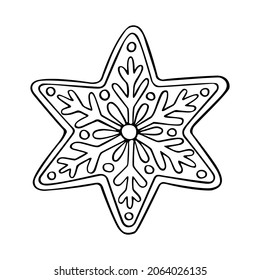 Christmas gingerbread star vector coloring page. Sweet festive cookies with patterns and decorations. Hand drawn line art winter illustration. Happy holiday.