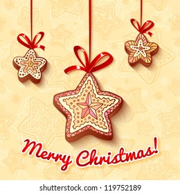 Christmas gingerbread stars greetings card with red ribbons and sign