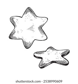 Christmas gingerbread starshape. Set sketches. Vector graphic illustration, hand drawn isolated. Black and white childrens sweet treat. Holiday traditional cookies. Clipart for food design, postcard.