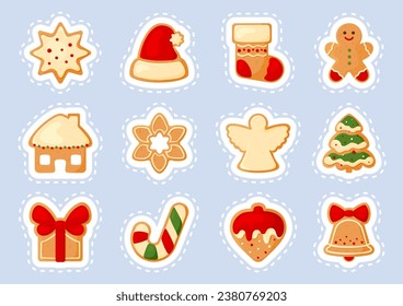 Christmas gingerbread sticker cut line sugar glaze cookie flat set. Winter dessert santa hat sock house star snowflake angel xmas tree gift bow ribbon ginger man candy cane bell sticky icing isolated