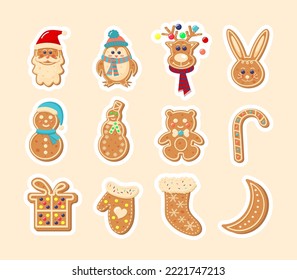 stickers de pan de jengibre de Navidad. Galletitas de cristal decorativas de Año Nuevo como conejo, Santa Claus, oso, pingüino, ciervo, muñeco de nieve, calcetín, migón, luna, caja de regalo y caramelo.