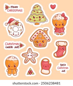 Christmas gingerbread stickers set. Cute man and girl, house, Xmas boot and mitten, tree, star and Santa donut with phrases. Isolated holiday sweet kawaii cartoon characters. Vector illustration