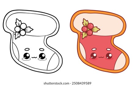 Christmas gingerbread stocking with holly. Isolated outline and color drawing. Festive traditional pastry kawaii cartoon character. Line drawing, coloring book. Vector illustration. Kids collection