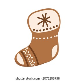 Christmas gingerbread stocking or sock. New year and Christmas decoration. Cartoon flat style. Holiday gingerbread cookies