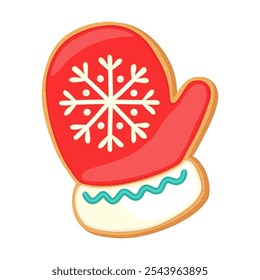 Christmas gingerbread sugar cookie mitten shape. Cute cartoon vector illustration home shortbread. Mitten cookie red sugar icing. Shortcrust pastry bakery. Winter holiday sweet gingerbread shortcake.