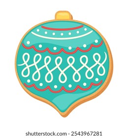 Christmas gingerbread sugar cookie retro ornament. Cute cartoon vector illustration homemade bakery. Shortbread with icing. Shortcake gingerbread Xmas ornament shape. Winter holiday sweet biscuit.