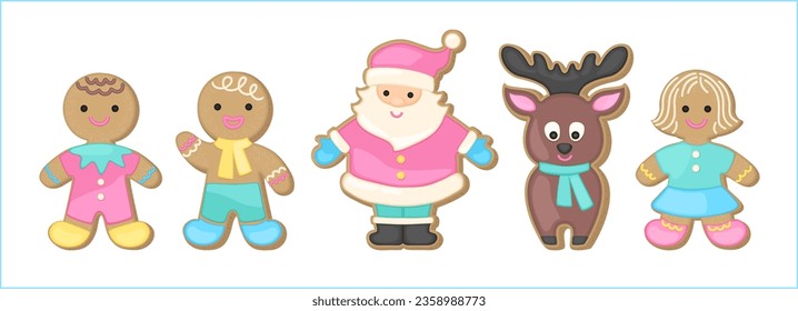 Christmas gingerbread sugar cookies candy colors. Bright pastel color palette. Christmas bisquits cute vector illustration. Whimsical cartoon characters gingerbread man, woman, Santa Claus, reindeer.