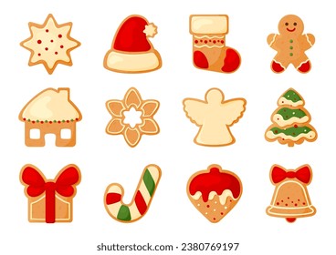 Christmas gingerbread sugar glaze cookie flat set. Winter dessert milk red green santa hat sock house star snowflake angel xmas tree gift bow ribbon ginger man candy cane bell sticky icing isolated