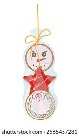 Christmas gingerbread sugar glaze cookies Sweet homemade biscuit of hand painted ginger cake star, snowman and wreath. Vector winter food illustrations isolated