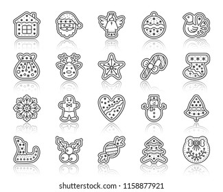 Christmas gingerbread thin line icon set. Outline sign kit of xmas cookie. Sweet food linear icons ginger biscuit party bell, deer. Simple cute black contour symbol with reflection vector Illustration