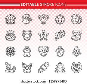 Christmas gingerbread thin line icons set. Outline sign kit of xmas cookie. Sweet food linear icon collection includes snowman, candy cane, angel sock. Editable stroke gingerbread simple vector symbol