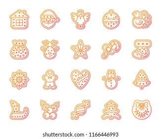 Christmas Gingerbread thin line icons set. Outline vector web sign kit of xmas cookie. Sweet Food linear icon collection snowman, candy cane, sock Gradient simple christmas gingerbread symbol isolated