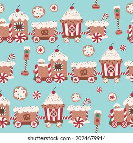 Christmas gingerbread train biscuit, sweet desserts seamless pattern for fabric, linen, textiles and wallpaper