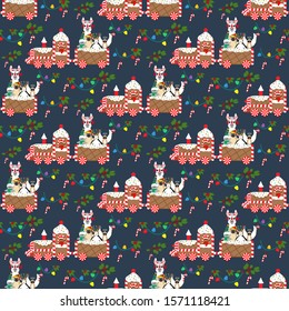 Christmas gingerbread train vector seamless pattern on the blue background. Vector illustration