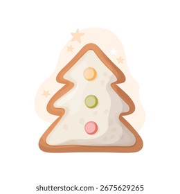 Biscoito de árvore de gengibre de Natal isolado no fundo branco. Ilustração vetorial bonito em estilo cartoon, design cartão festivo.Bolos cozidos tradicionais e bolachas.